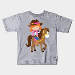 Cowgirl, Sheriff, Horse, Western, Orange Hair Kids T-Shirt